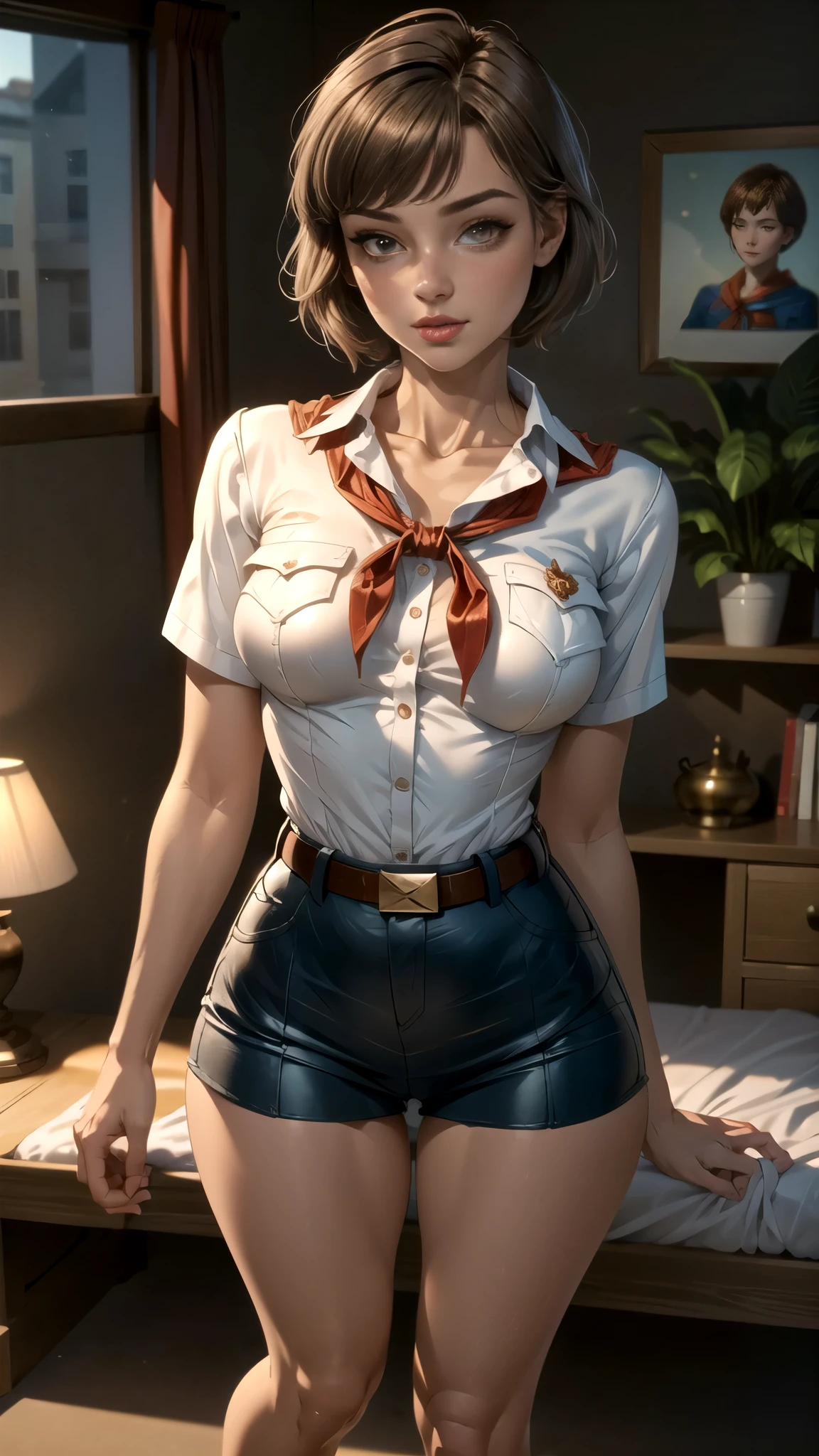 detailed eyes, (full body shot:1.2), 16k, (skinny body:1.2), curvy, seductive pose, looking at viewer, young girl, beautiful eyes, realistic lighting, detailed outfit, realistic facial features, hyper detail, (perfect angle, focus on (face, hips, breastegane)), (very short hair:1.3), short disheveled hair, ahoge, accurate rounded small breasts, pioneer neckerchief, micro blue tight skirt, bangs, shirt, collarbone, very tight white shirt, short sleeves, collared shirt, belt, accurate eyelashes, red neckerchief, breast pocket, resembles a sex doll, maryarya