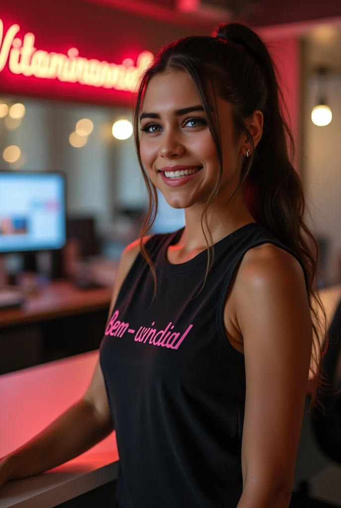 photo of imag-000 playing on a pc. she's a pc gamer, wearing a yellow sexy top. she got a tattoo on her arms and nowhere else. She's smiling. She's wearing a headset hyper x. The background should be a room with neon dim lights. She got dark hair and pink lipstick. She has big boobs and muscular arms. She is sitting on a fancy desk playing on a computer. The chair is a gamer chair.
Please pay close attention to the details, such as the highlights and shadows on her face and body, to create a lifelike and realistic image. Experiment with different lighting techniques to enhance the mood and atmosphere of the portrait. 8k UHD, DSLR, high quality, film grain, Fujifilm XT3. insane details, intricate details, hyperdetailed, low contrast, soft cinematic light, dim colors, exposure blend, hdr, faded.
No malformation, no extra limbs or extra face. No blonde.