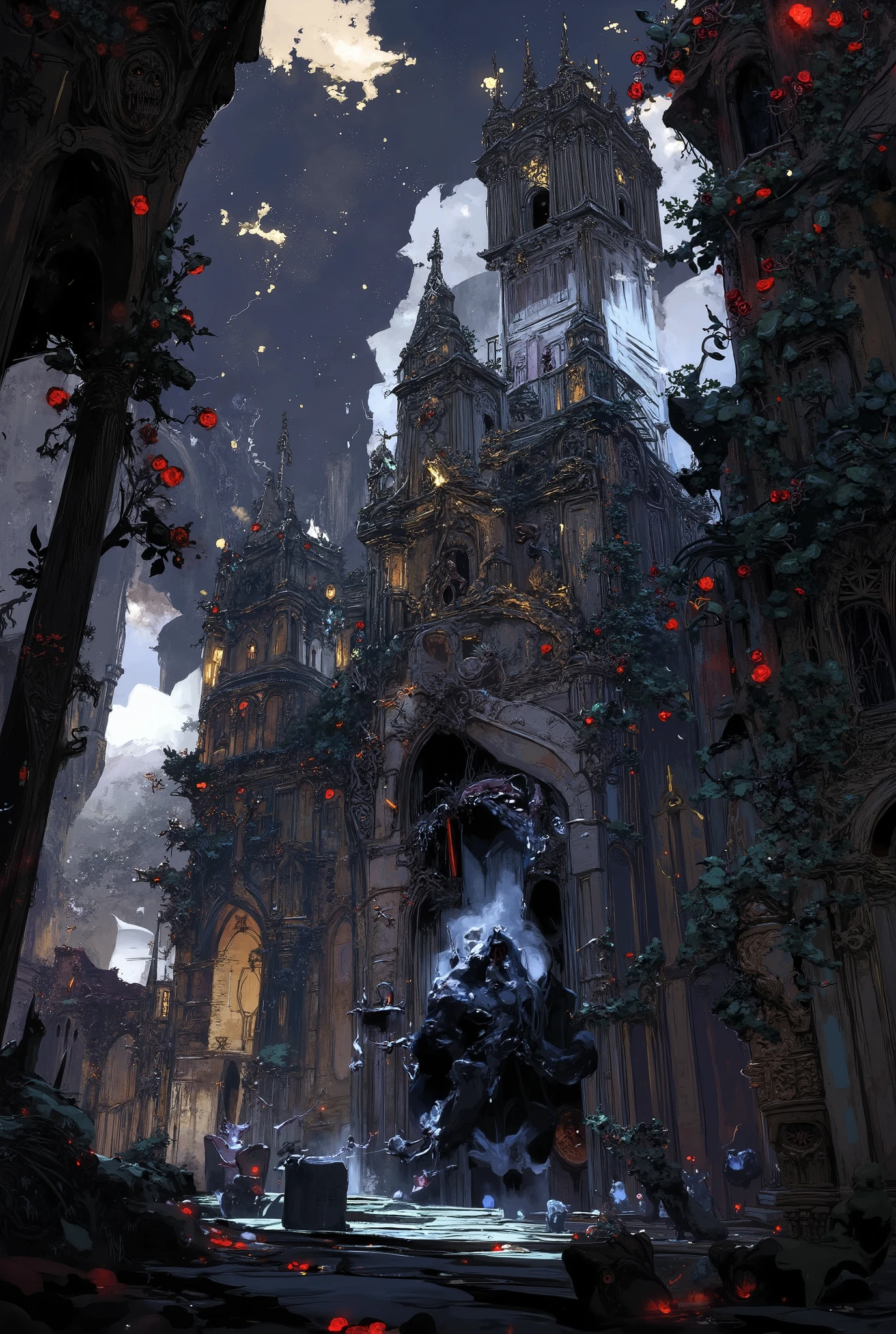 A beautiful and sinister necromancer's castle, overgrown with wild black roses and full of undead servants and monsters