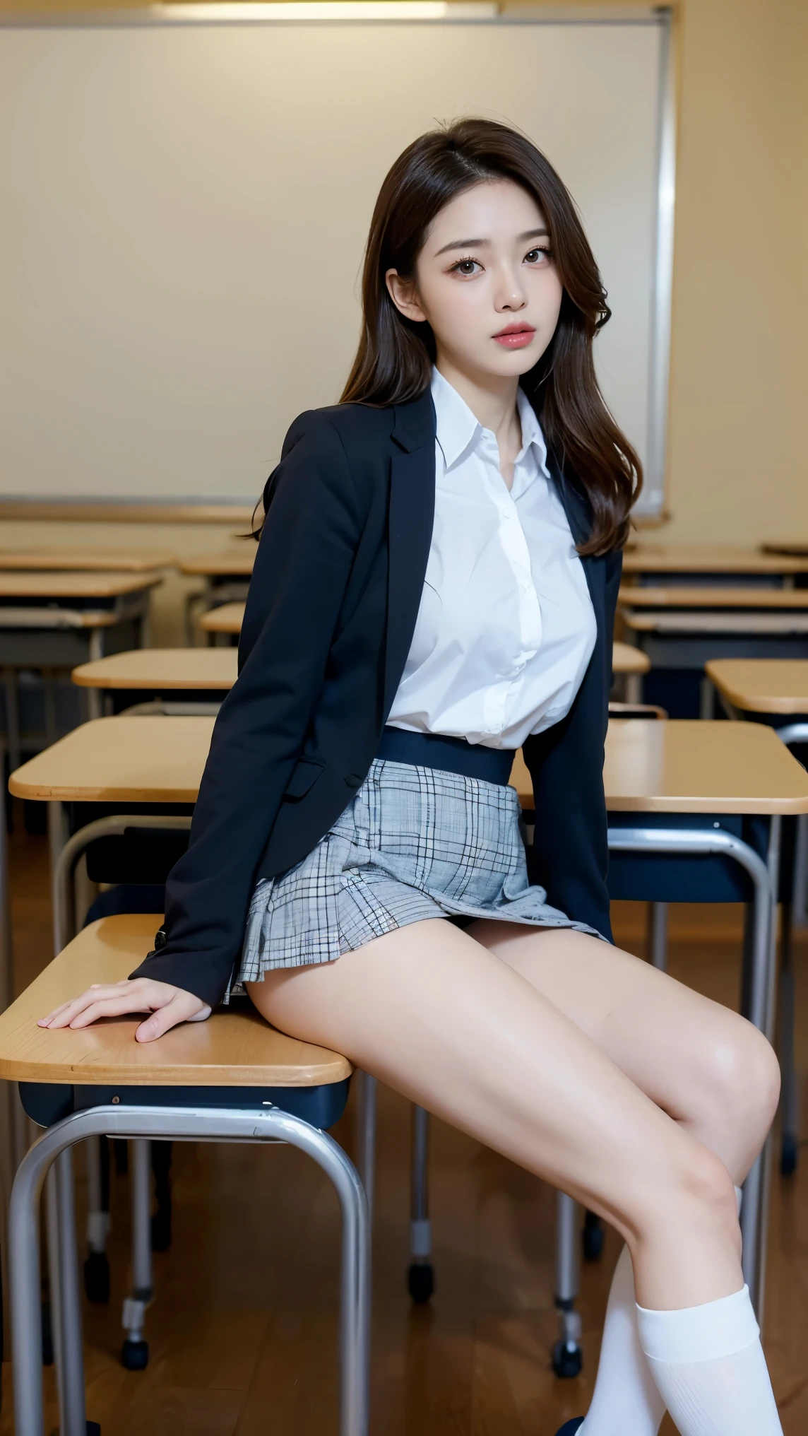 Top Quality、Hight Resolution、extremely highly detailed、masterpiece、Raw-Photo、realisitic、Photorealcitic、very delicate and beautiful.、delicate detail、textured skin、1girll、Solo、soio、18-year-old Japanese girl、Wearing a high school uniform、class room、(Body facing the camera:1.it on a school chair with your legs spread to the sides:1.2)、(Se your white panties:1. blue jacket and plaid skirt、white shirts、Tie、Black Loafer's face is really pretty.:1.5)、Tall、Brown hair、(bare legs:1.1)、perfectly proportions、(Do not expose the upper body)、(In SFW)