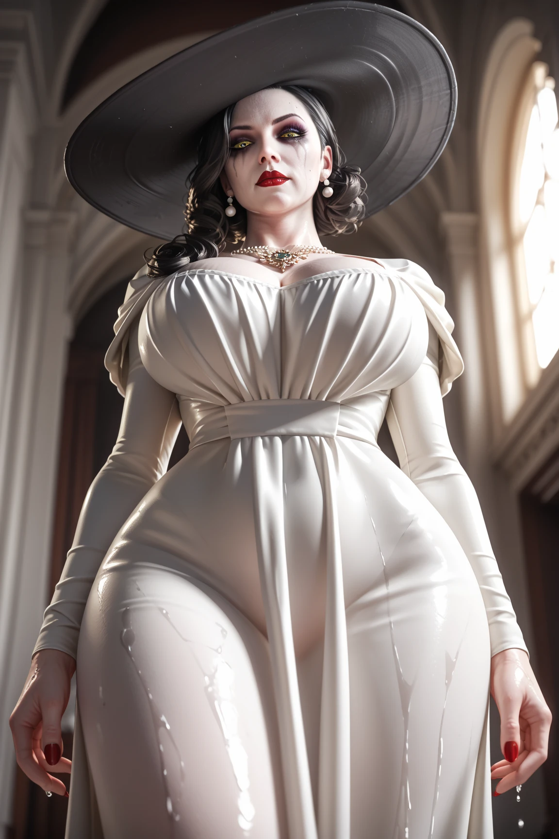 araffe woman in a white dress and hat holding a wand, Lady Dimitrescu, thicc, commission for high res, [ 4 k digital art ]!!, breasts covered and sfw, lady dimitrescu, with a large breasts, covered sfw huge breasts, sie boob, fullbody commission for, thicc build, immense detail, with large breasts