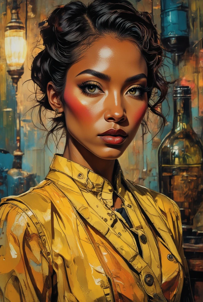  a passionate woman wearing a yellow top and a yellow scarf, a photorealistic painting by Pamela Ascherson, trending on cg society, afrofuturism, dark-skinned, brown skinned, maria borges, dark skinned, black young woman, dark skin, beautiful yellow woman, with brown skin, young black woman, beautiful artwork, blurry background, town landscape, sharp focus 35mm lens, Medium breasts with areolas and natural nippleless, photo of a black woman, passionate girl, casual fashion, sharp focus, Hyperrealistic anime, vibrant colors, hourglass figure, fit belly, cute face with makeup, wide gorgeous realistic eyes with iris, juicy lips with red lipstick, anatomical posture, hand and foot reference anatomy 
