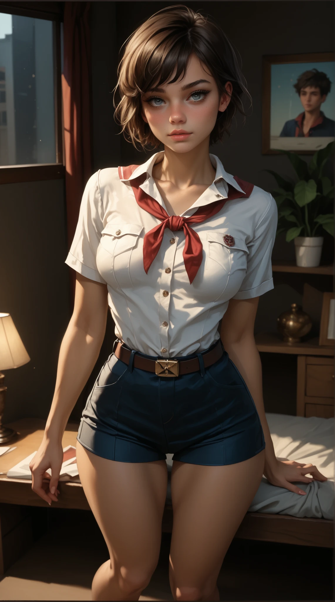 score_9, score_8_up, score_7_up, score_6_up, 8k, high detailed picture, realistic style, masterpiece, very young girl, perfect rounded medium breasts, disheveled hair, 1girl, solo, big brightness eyes, 16k, masterpiece, realistic style, perfect fingers, tomboy