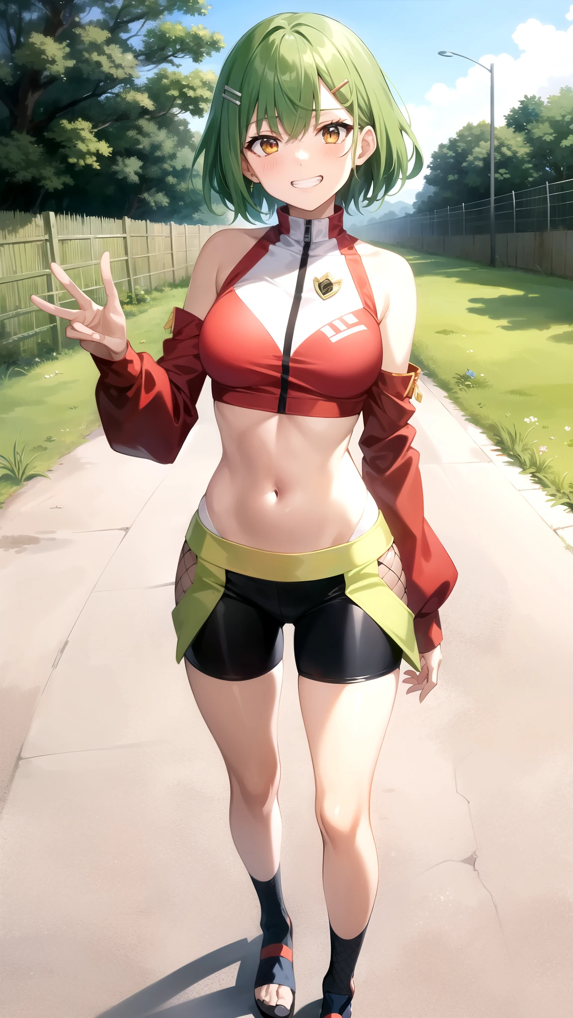 ,1girl, solo, orange eyes, short hair, green hair,grin, tan-skinned female, hairclip,crop top, detached sleeves, fishnets, pelvic curtain, bike shorts, midriff, anime screencap,anime coloring,,toeless footwear, bare shoulders, , standing, , village, fence,looking at viewer,