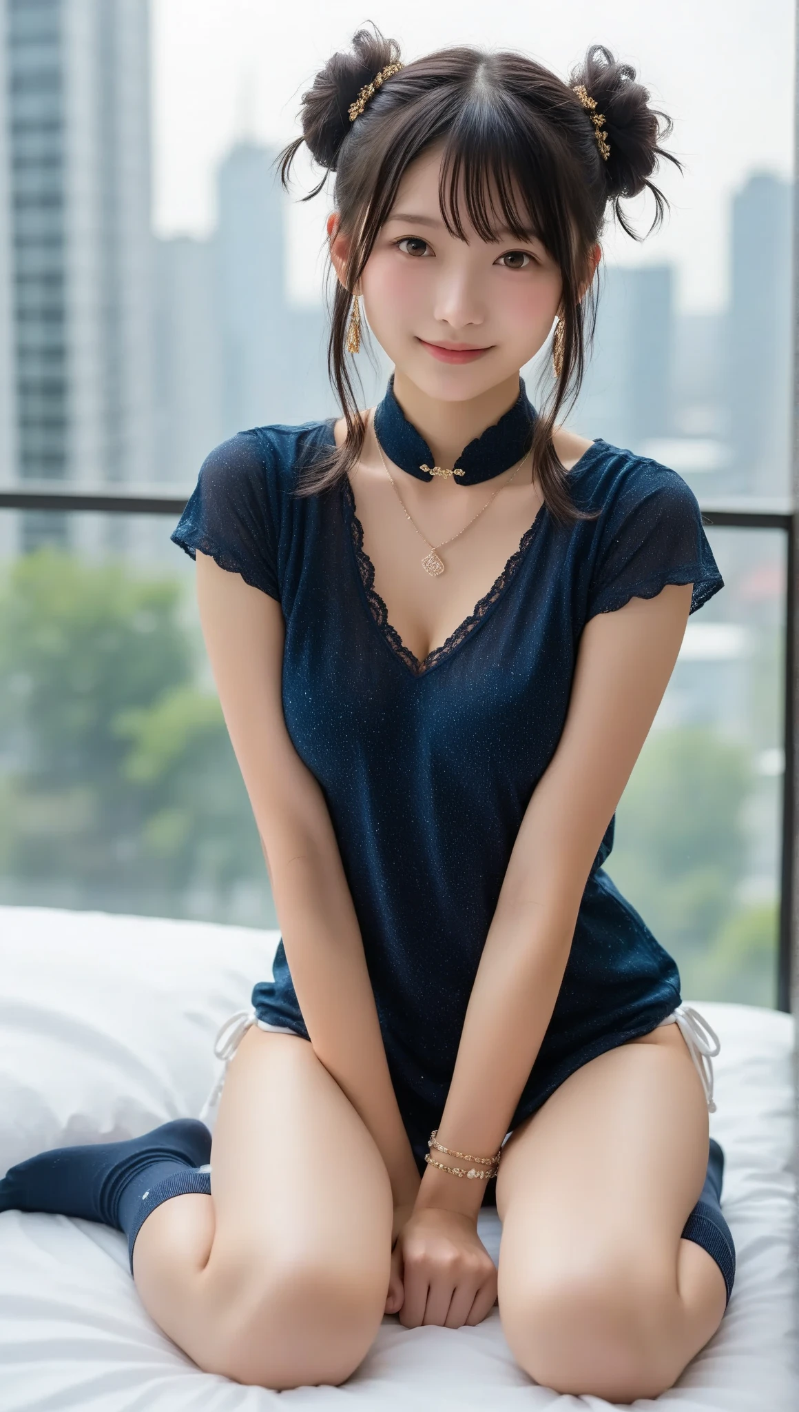 Best-quality, Masterpiece, Ultra-High-Resolution, (Photorealistic:1.4), Raw-Photo, at hotel-room, 1girl, 15-years-old, the most famous Japanese idol, (wearing only light-blue see-through dress, extremely see-through dress), upturned ass, (extremely cute face like the most popular Japanese idol), (extremely beautiful black-short-cut-haired), (((extremely beautiful big-black-solid-circle-eyes))), extremely beautiful skins, extremely beautiful body, innocent-smile, looking at viewer, detailed see-through-dres.big breasts,(Staring at the man:1.5)、(A face gasping with a vibrator:1.5)、