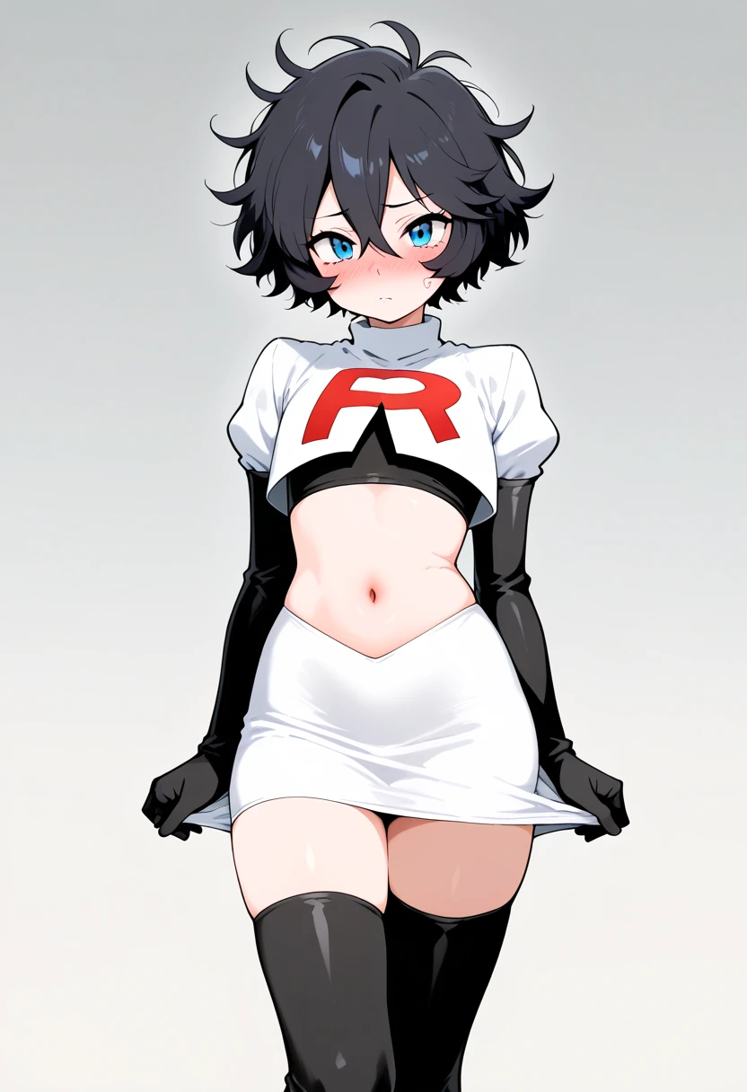 Erik, headband, short hair, grey eyes, teal hair ,team rocket uniform, red letter R, white skirt,white crop top,black thigh-high boots, black elbow gloves, smile, looking at viewer, cowboy shot,