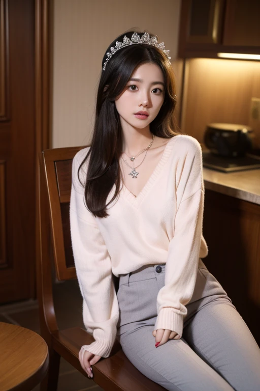 Beautiful Korean Woman , 32 inch chest size, Your eyes are big and pretty. Wearing a cardigan with a blouse, casual pants, short medium hair, Smile. necklace, sit on the sofa and drink coffee, porcelain coffee cup, uhd