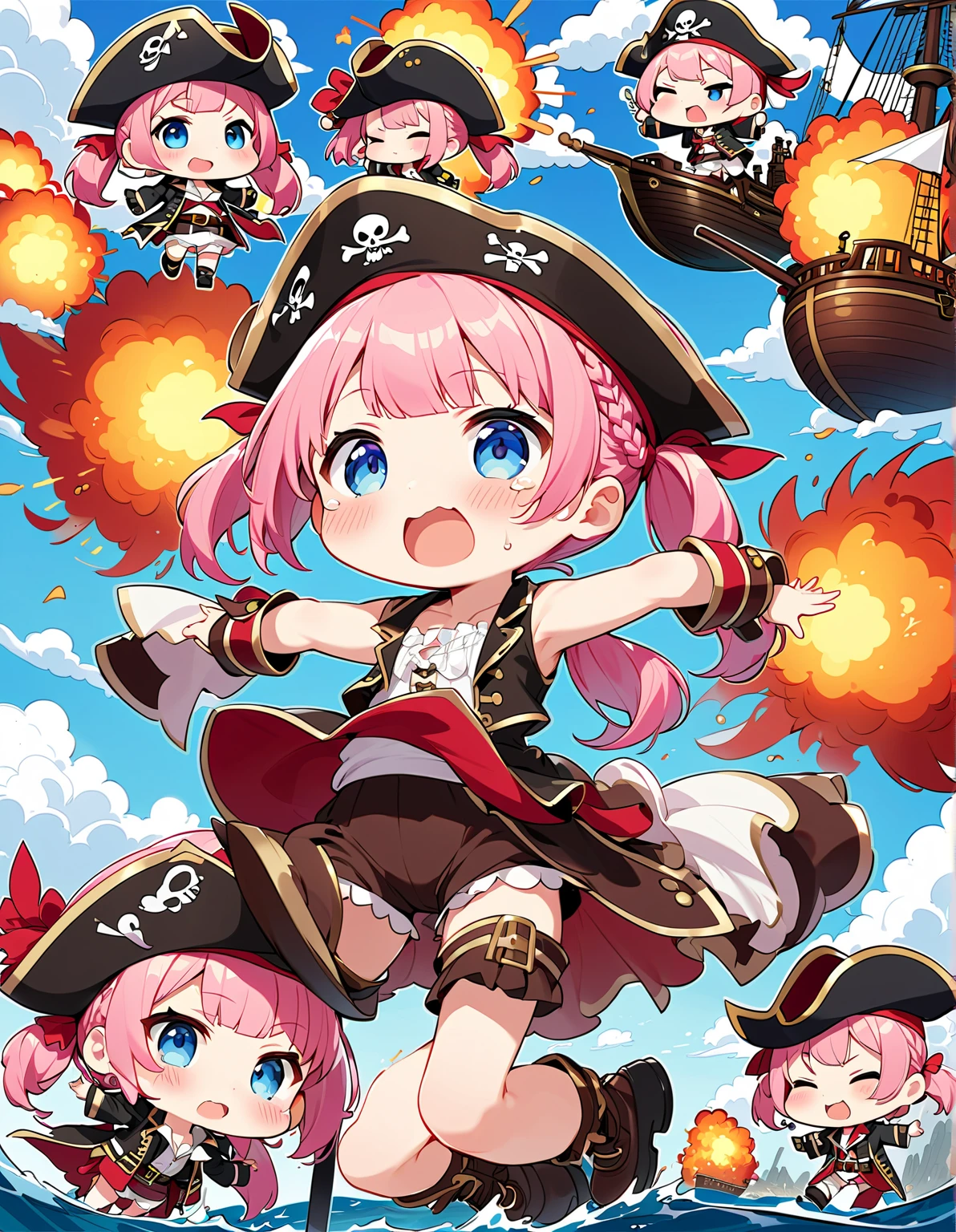 Highest quality、High resolution、Detailed Background、Beautiful face in every detail、Anatomically correct、Detailed facial expressions、fine grain、((full body, from below:1.2, back shot)), break ((One Girl:1.5)、(Chibi Girl:1.5))、Cute hair color、Big beautiful blue eyes、Fuller lips、Pink Lips、Braided twin tails、Ahoge、(pirate ship captain、Confront enemy pirates:1.2)、(Cute sleeveless pirate outfit、Cute pirate shoes)、break ((Spread your legs、Stand with your back straight、((Stretch your arms horizontally:1.2))、Winner pose))、(I am going to cry、Open your mouth wide、Determined look:1.2)、break (The background is a pirate ship、Calm sea、Summer Clouds、explosion、inflammation)、Pirate with sword