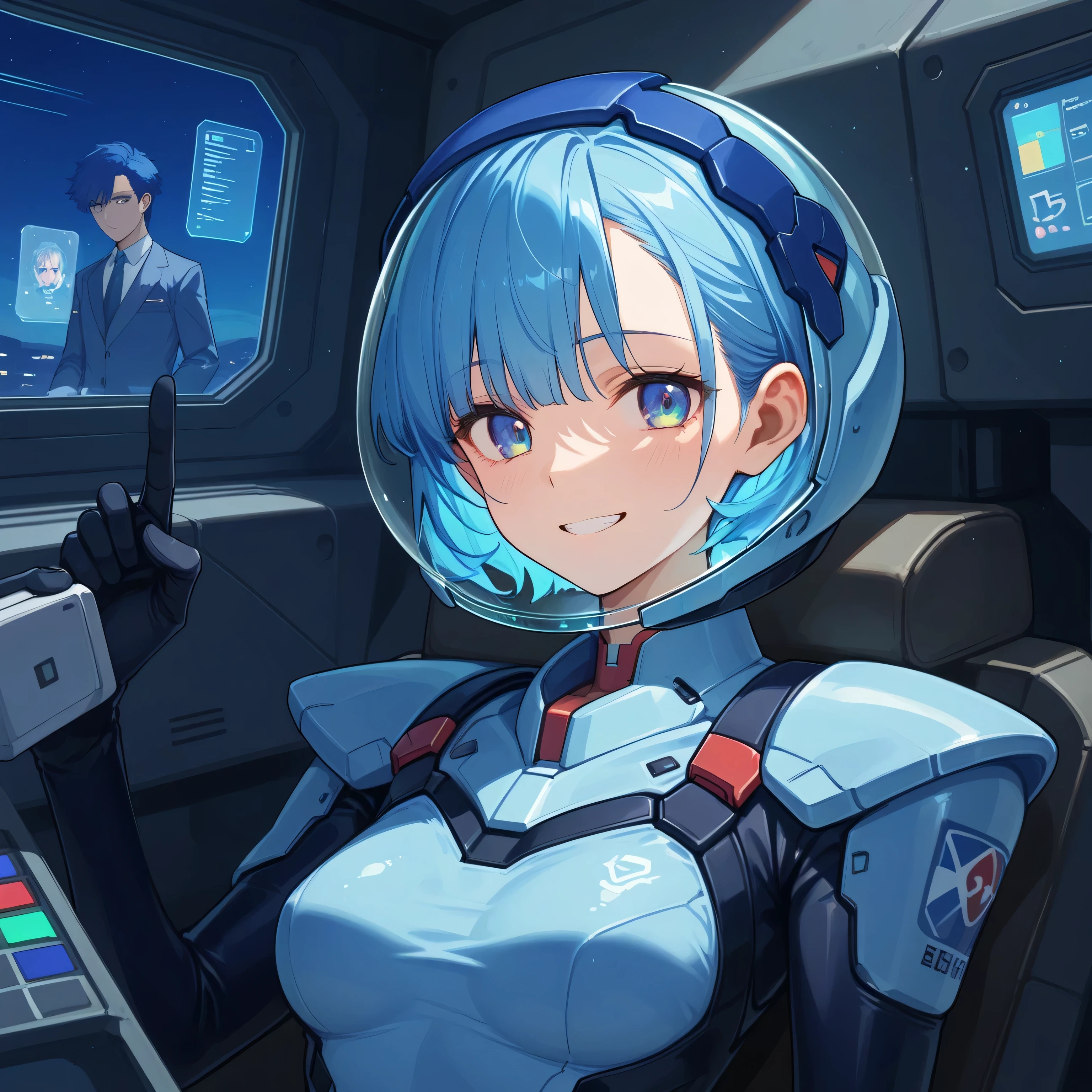 ((Holographic Glow Effect))、 Gundam wing cockpit,blue hair、masterpiece、top quality、1 person、medium bust、((album cover))、light on face、slender body、white and blue pilot suit with enamel finish、 elbow length gloves 、long hard boots 、exoskeleton、Metal Gear、cyberpunk style in itself、Gundam Pilot、attention arousal、 bubble helmet 、 space helmet, muvluv, space helm, eva helm,Transparent face guard,Complex and precise instruments,Smile