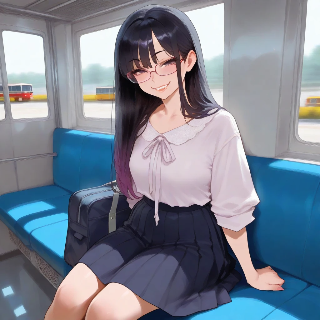 masterpiece, highest quality, Absurd, Perfect Anatomy, Beautiful background, Beautiful Face, Beautiful Eyes, Beautiful body, １people々々 girl,(Noodles)、from the front、Portraiture、 Twin tails、Brown Hair,blush、smile、Office Lady、Unbutton a short-sleeved shirt、Summer clothes、Sitting on a train seat、(Spread your legs)、Hurrah!、Grey pencil skirt、Tight Skirt、Red lace panties、Lace bra、pumps