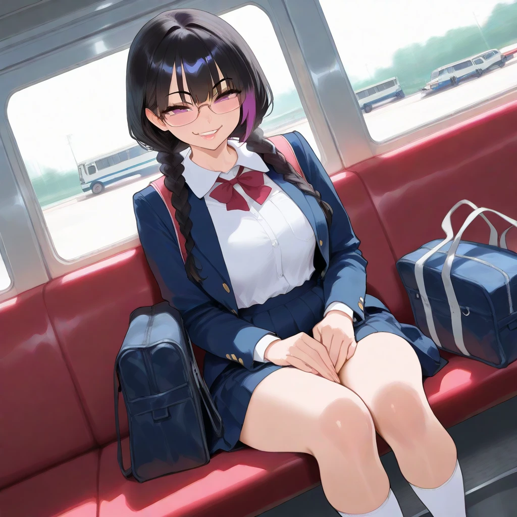 score_9, score_8_up, score_7_up,source_anime, masterpiece,(best quality, ultra-detailed:1.6),(ultra high res:1.4),super fine ( watercolor),(sharp focus),(insanely detailed:1.3),(detailed face:1.1),(perfect anatomy),ultra-detailed animation, very aesthetic, intricate, delicate (illustration),(cute face:1.1),cute body,(2),1girl,solo,looking at viewer,
low twintails, black hair, blue eyes,round glasses, (sleepy:1.2), (closed eyes:1.4), closed mouth,
school uniform, blazer, brown blazer, wheat colored blazer, modern style with fitted jacket, short skirt, red skirt, pleated skirt, loafer, dark brown leather,paired with knee-high socks,
underwear, panties, cameltoe, (panty seam detail:1.4), (panty seam), (panty suture), (embroidery sexy cotton Pink-Panty:1.35), (Focus between legs:1.24), sit politely, (spread your legs to the side:1.2),
(Show off your Cute-Panty from the front:1.2),Sit with very good posture, The seat position is high, (sit on a train seat:1.5),
on the train, On the train at night, (The background is inside a train:1.03),