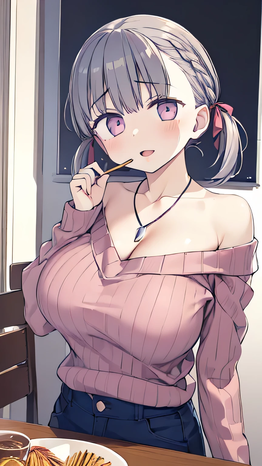 1girl absurdres armpit_crease bare_shoulders braid breasts cleavage food grey_hair hair_ribbon hands_up highres jewelry kat_(bu-kunn) large_breasts long_hair long_sleeves looking_at_viewer mouth_hold necklace off-shoulder_sweater off_shoulder original pink_eyes pink_sweater pocky pocky_day ribbed_sweater ribbon solo sweatdrop sweater upper_body