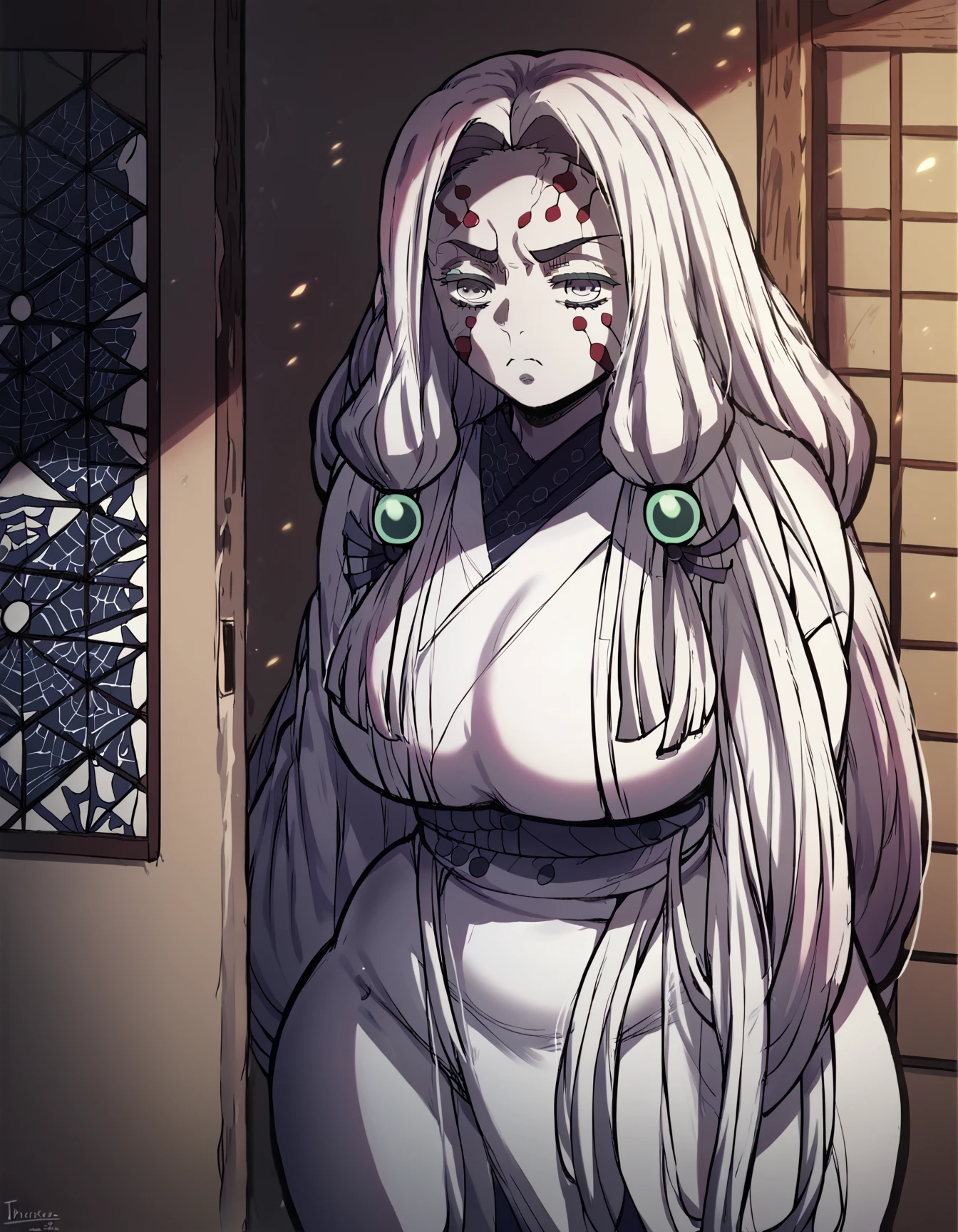 demon spider , long hair, very long hair, white hair, gray eyes, facial brand, thick eyebrows, pale skin, dojo, inclined, Alone , looking at the spectator, Thicc, voluptuous, sexy, paw, huge breasts, curvy, curvy female, wide hips, naken,