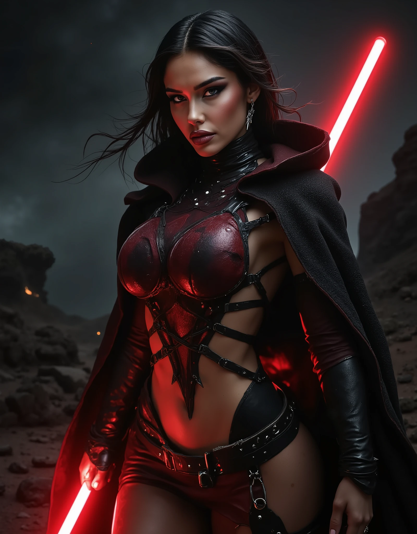 full body shot, female warrior, sith lord, star wars, red lightsaber, intricate details,beautiful detailed eyes, beautiful detailed lips, extremely detailed face, long eyelashes, evil look, diabolic, dramatic lighting, dark fantasy, chiaroscuro, cinematic composition, dramatic pose, dynamic action, moody atmosphere, deep shadows, vibrant colors, photorealistic, 8k, masterpiece