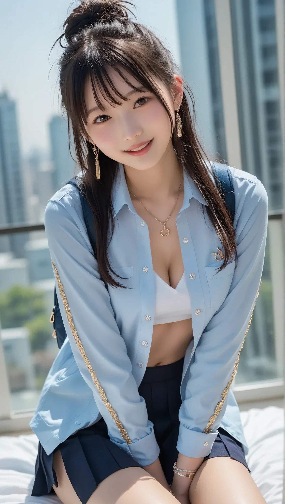 (8k、born、Professional、Highest quality、masterpiece:1.2)、(Genuine、Realistic:1.37)、Very detailed、(18-year-oldの女性のポートレート)、(高いest Detail Skin:1.2)、(高いest detail face:1.2)、1 Female、18-year-old、(View your audience)、Brown Hair、Long Hair、low length、Beautiful middle chest、Beautiful cherry-colored areola、Erect nipples、Narrow waist、Small butt、Shaved、日本の高bornセーラー服の、Navy blue ribbon around neck、Lift your clothes with your hands to expose your breasts、.、Sunset sky、The cityscape at dusk can be seen in the distance、Golden Hour