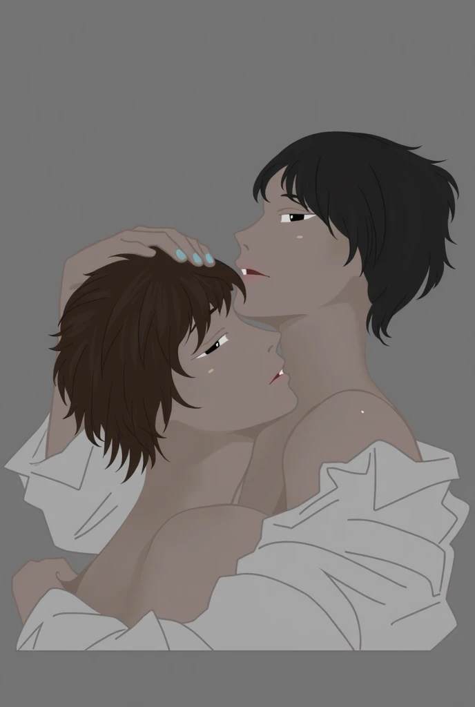 Two boys having anal penetrative sex in a field of blue flowers. The one on top of the other has tanned skin, Blonde hair and green eyes. The other boy at the bottom has lighter skin, black hair and blue eyes. There is a small lake near them and a tree where their clothes are. They are both naked and kissing.