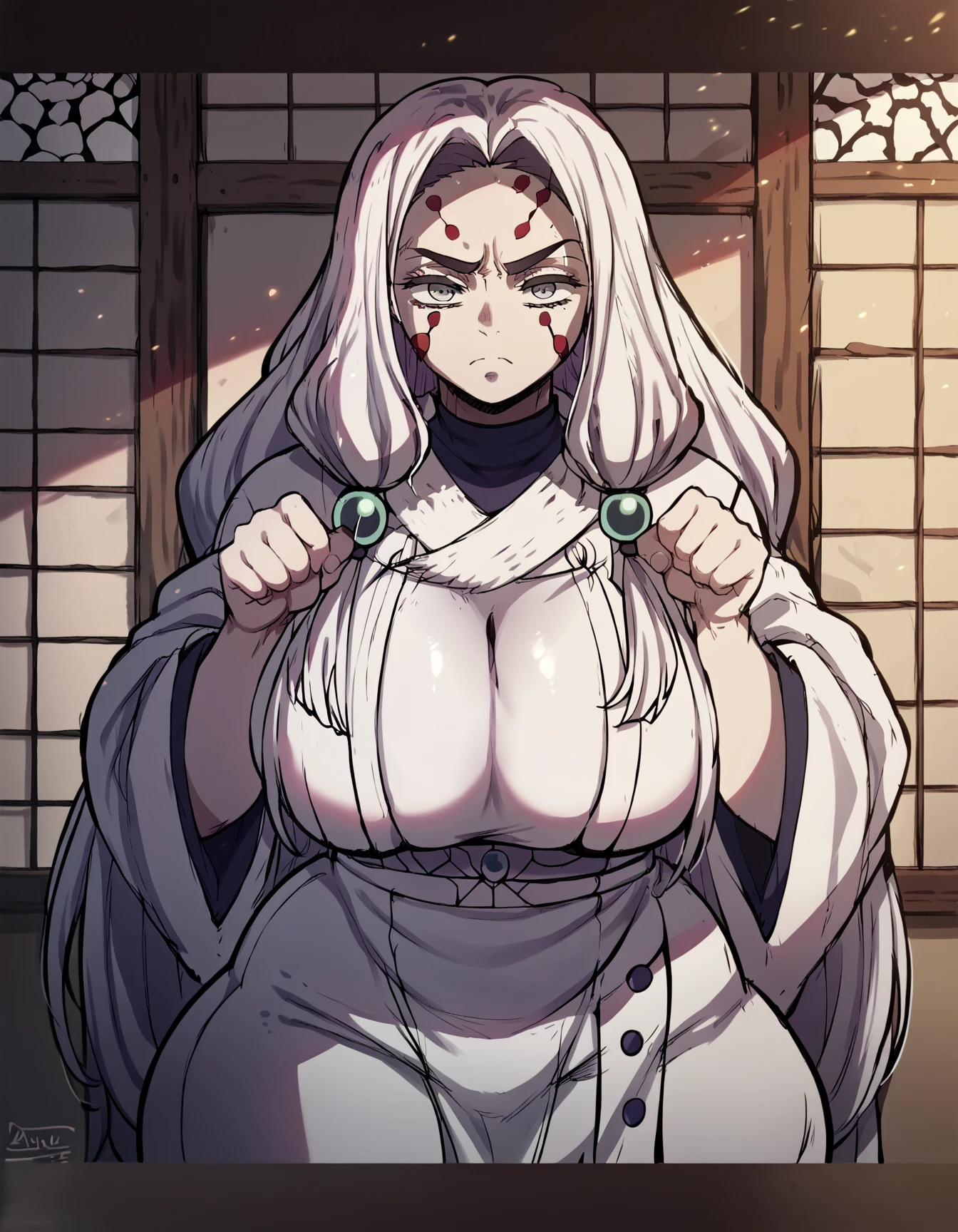 demon spider , long hair, very long hair, white hair, gray eyes, facial brand, thick eyebrows, pale skin, dojo, inclined, Alone , looking at the spectator, Thicc, voluptuous, sexy, paw, huge breasts, curvy, curvy female, wide hips, naken,
