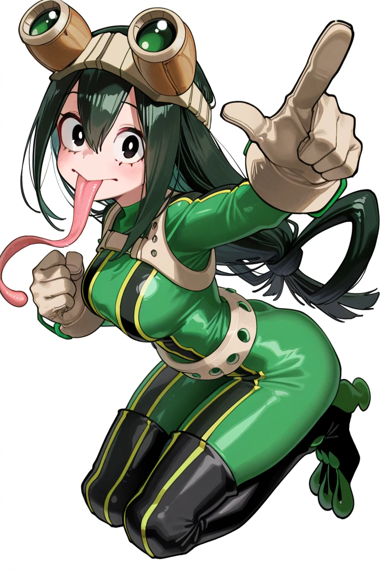 My hero Academia style, Tsuyu Asui from My Hero Academia, smile, blushing, large waist, large breasts, large tongue, sweaty, open mouth