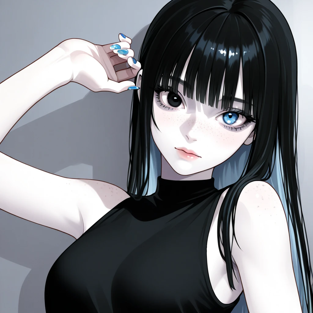 1 girl, black hair color hair, eBlue eyes, shut up, 鎖骨, ear nipple ring, jewely, Open lips, Long gray hair, looking at viewert, Parted bangs, sporty attire,  Background with, Alone, white Background with,(tmasterpiece:1.4),(Best quality:1.4),(Glowing and radiant skin)