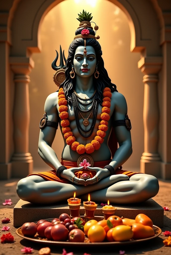
"Create a digital artwork of Lord Shiva, depicted in a serene pose with one leg crossed over the other. He is holding a trident in one hand and is adorned with traditional elements like rudraksha beads and a tiger skin. Behind him, incorporate a large, illuminated letter 'ॐ' decorated with vibrant red flowers and lush green leaves, giving a divine and festive atmosphere to the artwork."