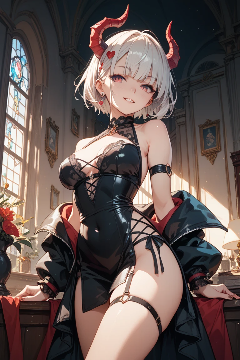 (((Masterpiece))),(((Super Detail))),(((in 8K))),(((best composition))),(((Rim lighting,Fireglow effect,deep shadow))),solo),Beautiful fingers,Detailed finger features,(Detailed hair features:1.7),(Dynamic and sexy bending pose:1.3),detailed facial features,detailed clothes features, (perky chest:1.1), (pointed chest:1.3), delicate beautiful face, Bright blue eyes, cute eyes, sparkling eyes, Big eyes, beautiful detailed eyes,double bun with glittering hair ornament:0.6,(super detailed glossy skin:1.3),slender body,goddess smile,((with sparkling eyes and a contagious smile)),beautiful posture,have a cup of coffee,black hair, red eyes, dress, bare shoulders, jewelry, collarbone, sidelocks, hairband, earrings, indoors, off shoulder, sweater, arms behind back, plant, short hair with long locks, white hairband, off-shoulder dress, sweater dress, off-shoulder sweater, red sweater, big side hair, very long side hair,(super delicate floral pattern:1.2),seductive cleavage:1.3,beautiful glossy legs,shiny red high heels,lifting dishes with cakesd,french restaurant,hustle and bustle,rising steam,(((depth of fields)))