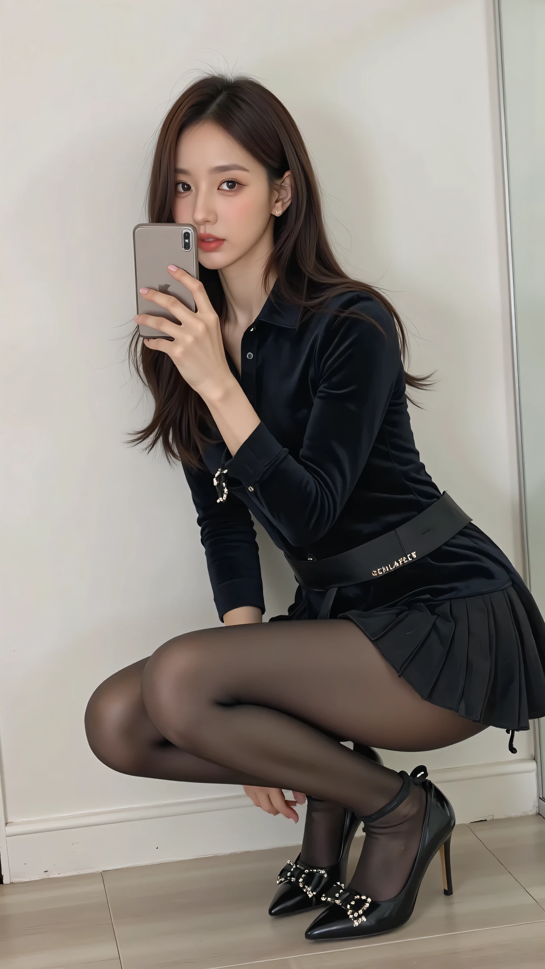 SS,BD, Beautiful and stylish woman, The face of a beautiful young Korean actress, tall, beautiful long legs, full body,
A pleated velvet mini dress、上身合身的女性的full body照片 , ,long sleeve,with subtle embellishments on her skirt . 。She wears tight black pants and stilettos,is decorated with a decorative bow detail on the toe. High heels made of smooth material,Polished surface . Her pose involves crouching while holding a smartphone with a metallic case, And she appears to be taking a selfie in the mirror . Scene against a pure white wall , She wears pure black tights and stilettos,with fabric strap details