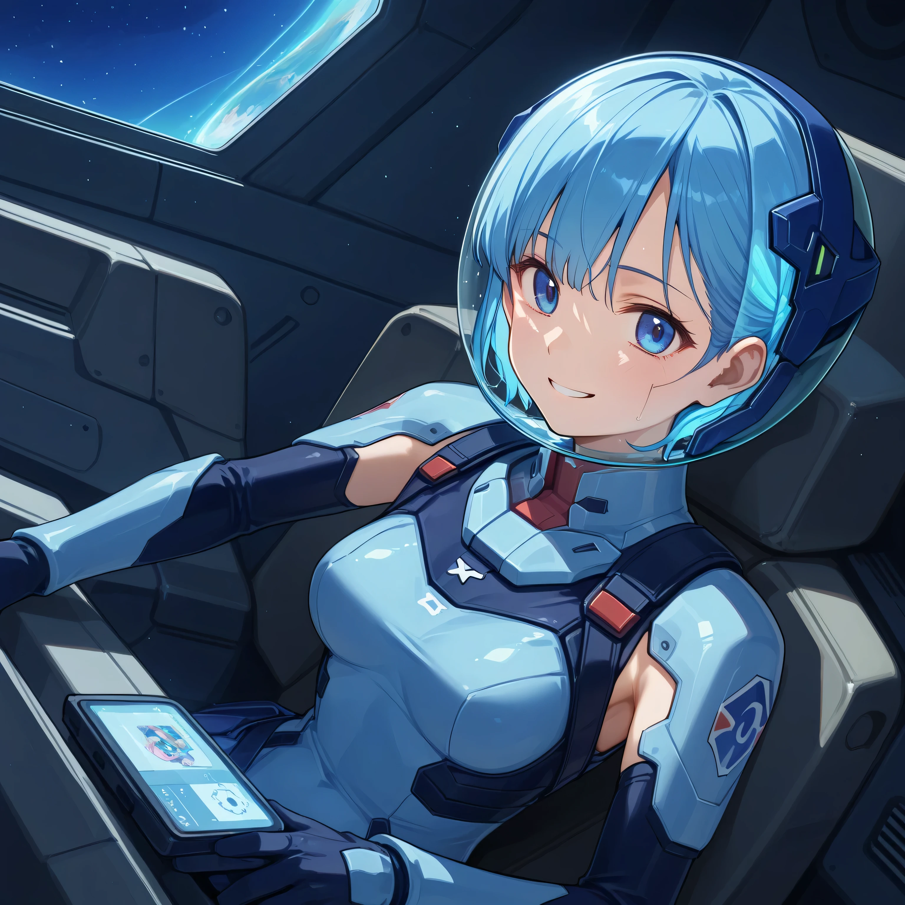 ((Holographic Glow Effect))、 Gundam wing cockpit,blue hair、masterpiece、top quality、1 person、medium bust、((album cover))、light on face、slender body、white and blue pilot suit with enamel finish、 elbow length gloves 、long hard boots 、exoskeleton、Metal Gear、cyberpunk style in itself、Gundam Pilot、attention arousal、 bubble helmet 、 space helmet, muvluv, space helm, eva helm,Transparent face guard,Complex and precise instruments,Smile