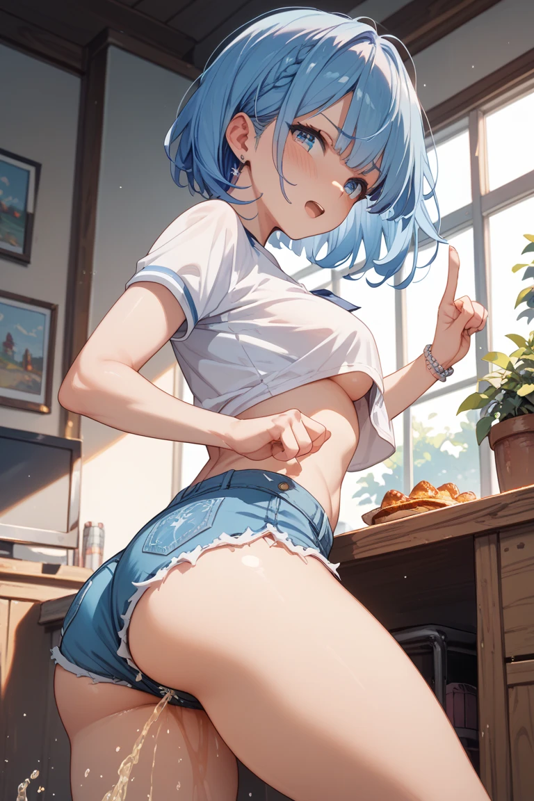 masterpiece:1.2,top-quality), ((((Blurry background with deep yellow fog)))), (loli), (Loli with a very young face), (flat chest), (7-year-old), (beautiful slender body), Sofa room, blue eyes, blue hair, standing, Turn around and look back, massive butt, Sticking out the butt, ((sleeveless clothes)), ((blue skirt)), blue white panties, ((((horizontal striped panties)))), Bare thighs, fart, onara, fart, farting, big fart, Fart from the ass, Farting non-stop, Yellow smoke, Yellow Smoke comes out of the ass, room full of yellow smoke, Skirt lifted because of farting, blush, smile mischievously, giggle lewdly