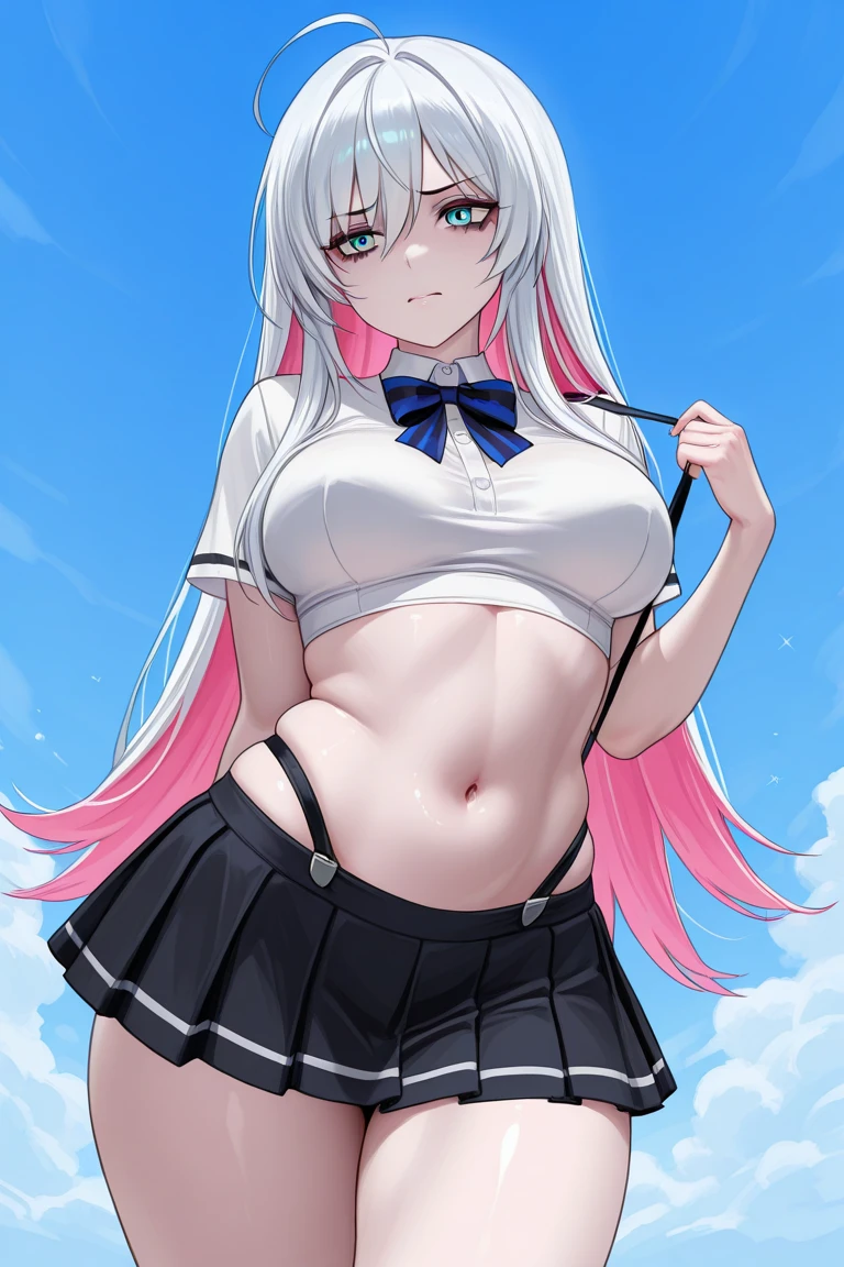 （8K, Best Quality, masutepiece:1.2)、超A high resolution、16-year-old woman、(((shirts lift))),((floral decoration bra,)),blunt bang、Detailed fingers、detailed beautiful faces、deep detailed eyes、expressionless,open mouthschool uniform, sailor suit,((black hair,silver streaked hair))、straight haired、Plain pleated skirt、Captivate your audience、is standing、on the road、In the middle of the intersection