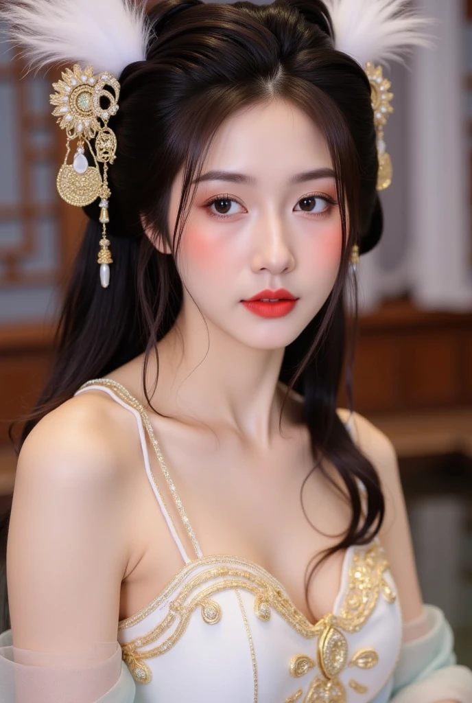 1 realistically beautiful girl, waist length hair, black eyes, ancient Ao Dai, style hanfu, wearing a thin silk shirt of ancient China, pink and smooth white skin, wearing a discreet ancient style ao dai, appears shoulders and head in the photo,cute little face, eye bags under wet makeup, plump red lips, pout, mouth shut, embarrassed, small face makeup detailed and very beautifull, The breasts are super round and tight, breast augmentation, blum boobs, Cover the girl's chest with a camisole inside, blush, from front, wear earrings, necklaces, from above, looking at viewer, upturned eyes, full body, masterpiece, top quality, best quality, official art, unity 8k wallpaper, highres, ultra-high res, ultra-detailed, (photorealistic:1.2), alone, solo, Only 1 girl, style hanfu Dunhuang, 10x pixels, super realistic, ultra high quality, full body view of the girl, upper body,
