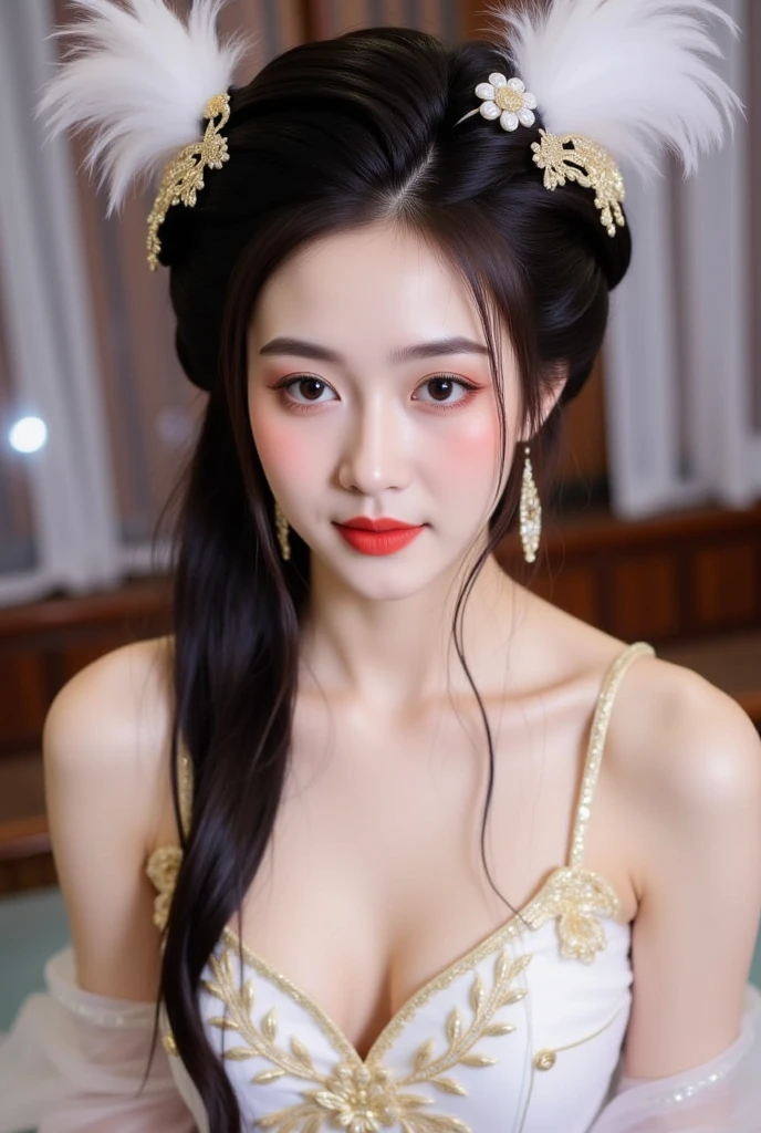 Beautiful Japanese woman, porcelain skin, flawless and radiant, ethereal beauty, monolid eyes dark and deep, captivating gaze, elaborate eyeliner accentuates their allure, arched eyebrows convey tender expressions, lips are softly colored, Adornments of silk kimonos and ornate Cherry blossom hairpieces add depth to her enchanting visage,