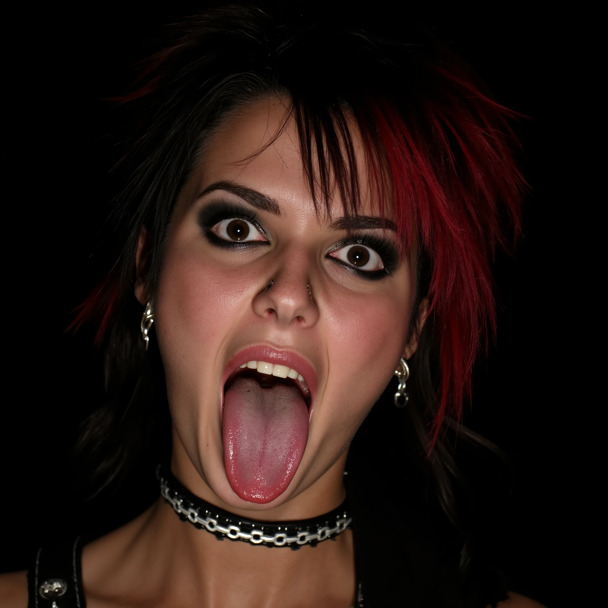 Hyper-realistic close-up of a rebellious punk rock woman sticking out her tongue playfully. Her skin is detailed with visible pores, realistic texture, and heavy smudged eyeliner. She's wearing a leather choker and has messy, wild hair dyed in streaks of black and red. The lighting is dramatic, with deep shadows enhancing her bold makeup and confident expression. Her gaze is intense, teasing, full of attitude.
