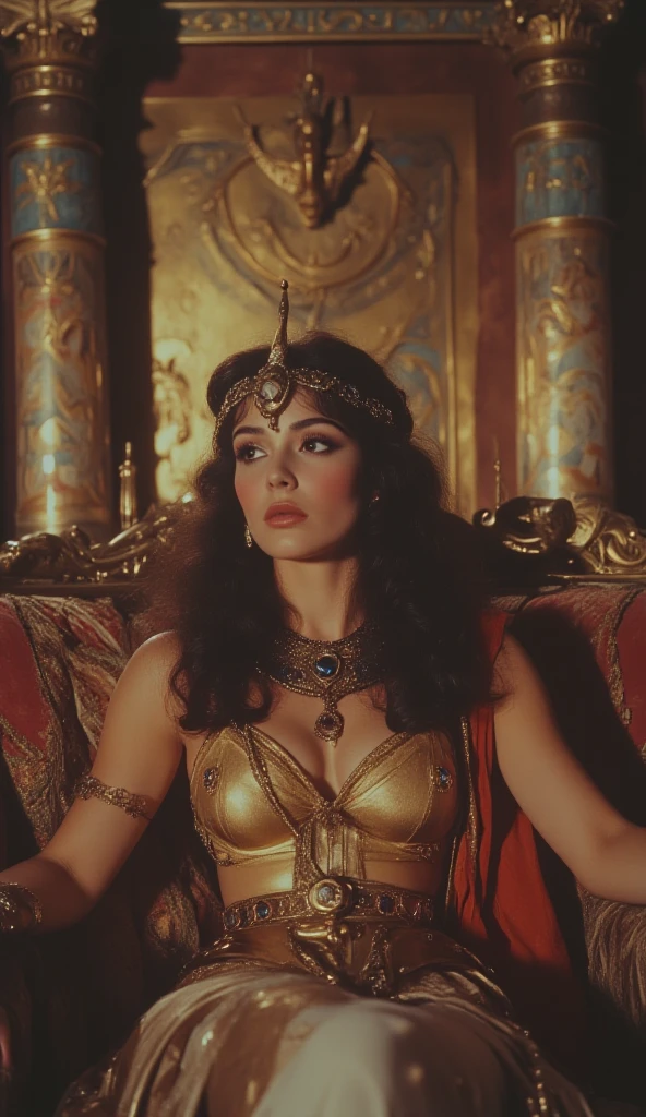 A high quality 1970s fantasy movie still, with heavy film grain.  (full body photo). Soft, dramatic lighting.  A seductive evil ((45 year old)) (Jewish woman), straight hair, queen, revealing outfit, large chest, ((plunging neckline)), wearing small ruby tiara, Large nose, wide chin, with broad shoulders, (thick body), wide hips, tan skin, long flowing open cape. Set in open fantasy (throne room), with a view to outside, beautiful masonry of an ancient elven castle. Soft warm candlelight. High Resolution, Very Long Hair, Large breasts, 