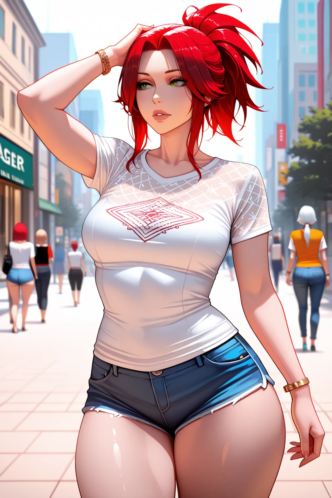 Background office district,Red camisole