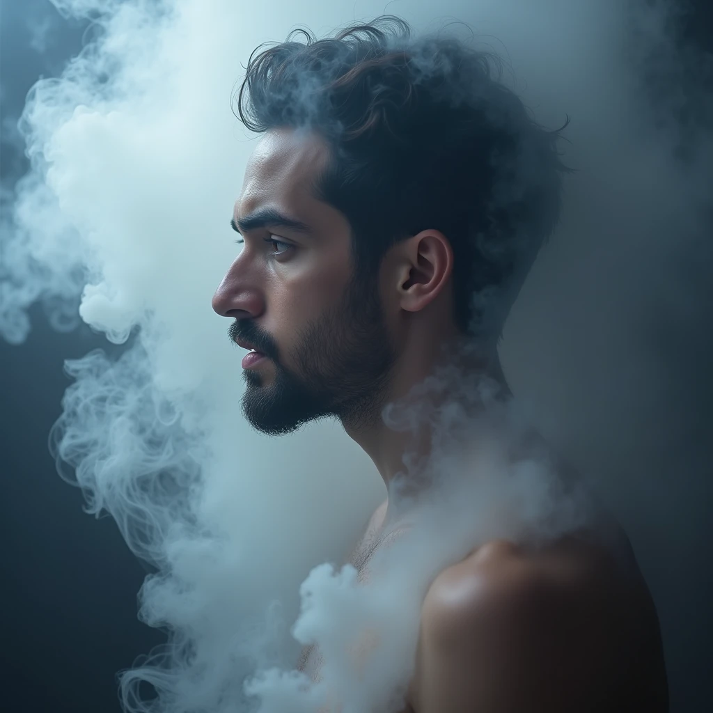 A haunting portrait of a Mediterranean-Native American shirtless fit and muscular male model, his chiseled features. His short, scruffy beard and swept-back black hair are styled in a wild and feral manner, and an air of unease settles over him as thick smoke glowing beryl-hued toxic smoke billows from his mouth as if an invader makes its presence known, mingling with the eerie atmosphere of the black and emerald-hued haze that shrouds the space behind him.