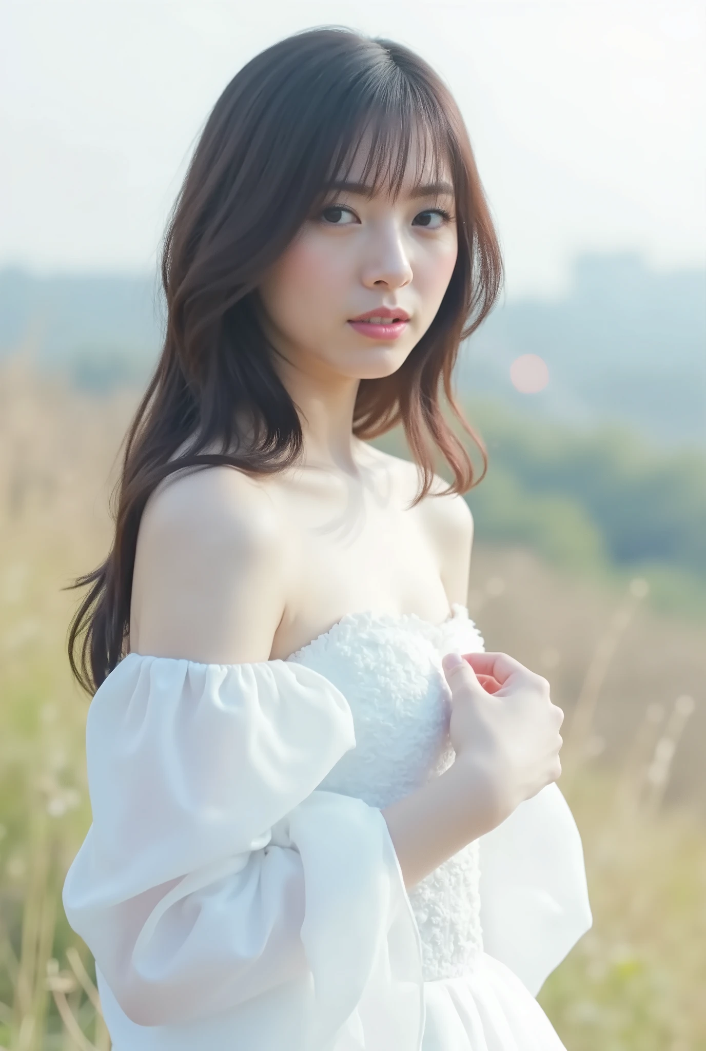 Create an image of a fair-skinned Japanese girl with medium-length straight hair stands gracefully in a 'White Cinderella' costume. The composition captures her in a knee-length pose against a blurred background that resembles a white fantasy world, with a distant horizon. Artistic light leaks and chromatic aberration enhance the ethereal atmosphere, all framed from a dynamic angle.