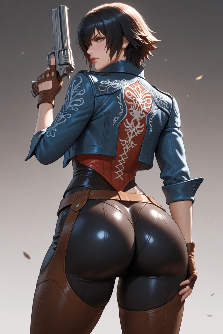 (high resolution, pixel perfect, gorgeous illustrations), (hyper quality, muste piece, etheric: 1.4), (((cowboy shot))), face focus, ((1girl)), (female savage), woman, bitch, (((looking back, hand on hip, open stance))), cool atmosphere, black hair, (((((slicked_back_hair))))), Exquisite face, blush, (((black lips))), (((((((muscular_female))))))), (thick thighs, wide hips, Big breasts that are about to burst), fighter, (((wh_chi_armor))), (leotard armor), see through, (((((cameltoe))))), high heel boots, shiny skin, gleaming skin, sweat, simple background,