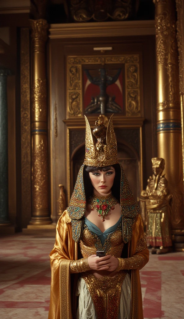 cinematic film still close-up photo of a woman as cleopatra, wearing a highly detailed cleopatra outfit, fierce and demanding, on a throne, egypt, looking at viewer, <lora:megfox_xl_1_standard_merger_23_41_07_03:1> . shallow depth of field, vignette, highly detailed, high budget, bokeh, cinemascope, moody, epic, gorgeous, film grain, grainy