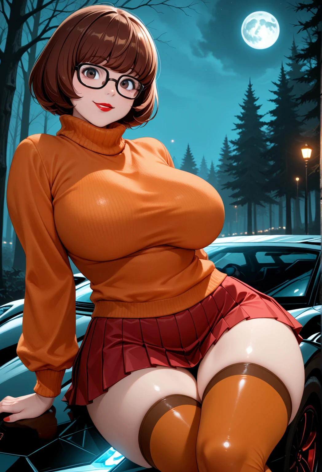 1girl, Velma \(Scooby-Doo\), breasts, glasses, penis, 1boy, uncensored, nipples, black-framed eyewear, sweater, hetero, night sky, star \(sky\), short hair, fellatio, blowjob, saliva, saliva in breasts, cum in breasts, overflow, oral, brown hair, solo focus, ribbed sweater, sky, huge breasts, clothes lift, orange sweater, large penis, starry sky, turtleneck