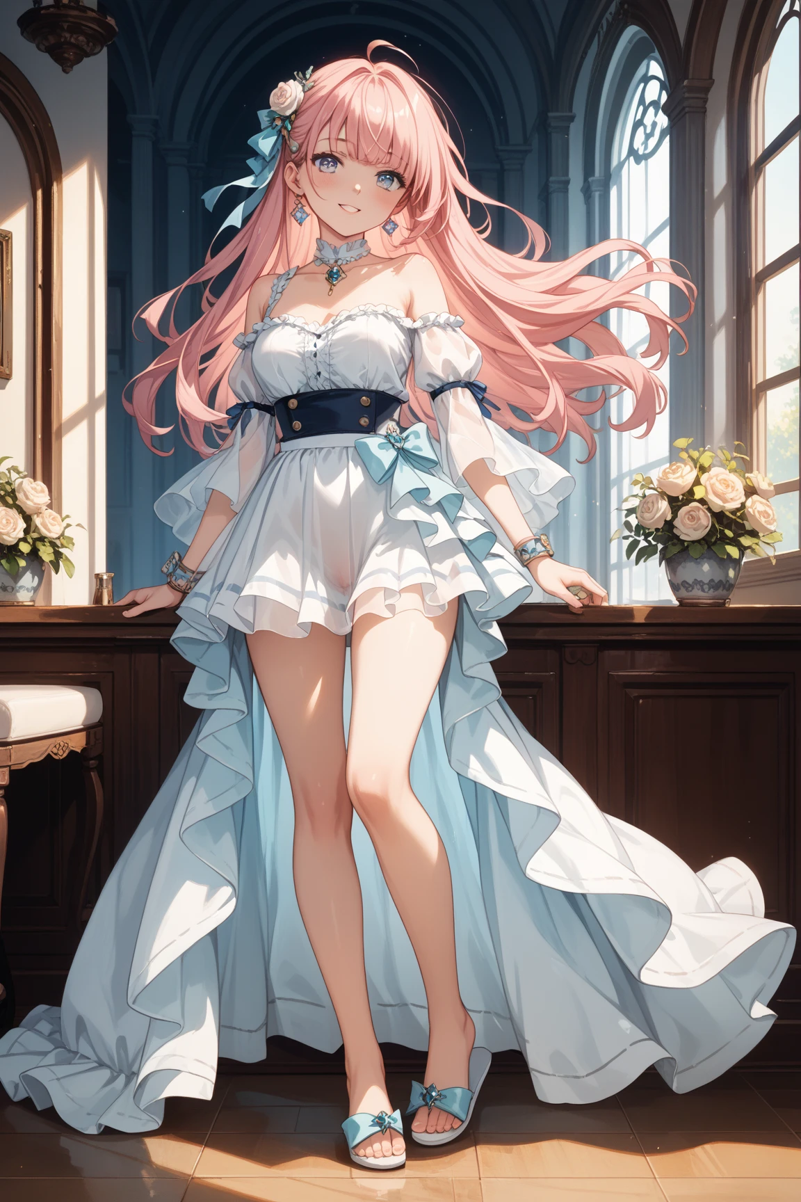 masterpiece,best quality,letterboxed, 1girl, pink_hair, solo, thighhighs, jewelry, flower, hair ornament, long hair, looking at viewer, earrings, purple eyes, rose, bangs, dress, full body,
 <lora:dorothy:0.8>