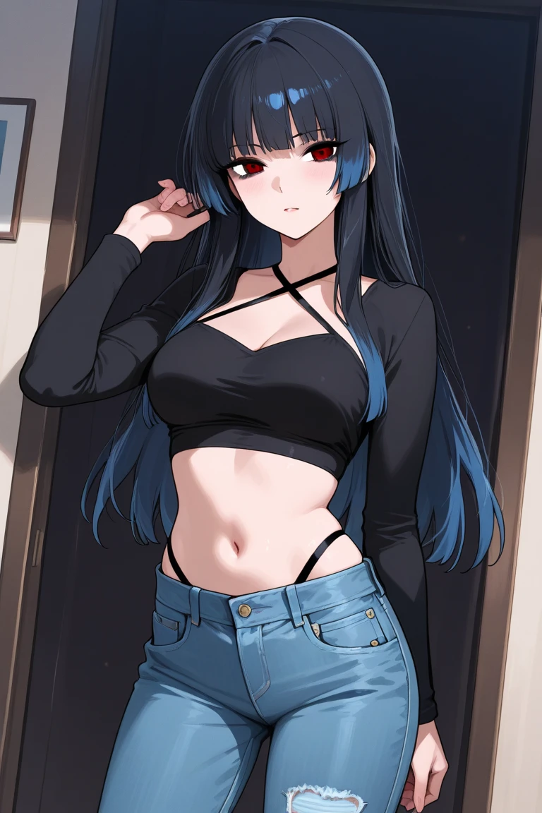 A woman with very long black hair and (very long bangs:1.5), wearing a stylish jacket and tight jeans, (low-rise jeans:1.25), (low-cut jeans:1.25), standing. The artwork is inspired by manga and incorporates a doujin style. The woman appears to be (wetting herself:1.5), which causes her to feel embarrassed and humiliated, resulting in a blush on her face. In addition, there is an air of anger in her expression. The lighting in the scene is moody, with a spotlight highlighting the woman's figure. She is crossing her arms, (arms crossed:1.5), fully showcasing her jeans., large breasts, navel, midriff, (groin:1.5), mound of venus, cleavage, diamond necklace