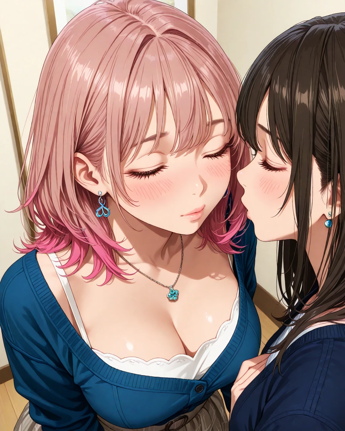2 girls kissing each other, 2 girls kissing, together, sucubo, chica demonio, pelo rosa, intense pink hair color, ojos azules, labios enormes, pelo ponytails, pechos grandes, Figura de reloj de arena, (cintura estrecha), confianza, superioridad, malcriada, muslos gruesos, cardigan, de pie, en el infierno, bow tie, pendientes, comercio, tema rosa, sweater, diafragma, falda plisada, sonrisa, sonrisa malvada, medio plano, pov dinero, ((pov desde abajo)), punto de vista bajo, beso, kiss, kisscam, pov kiss