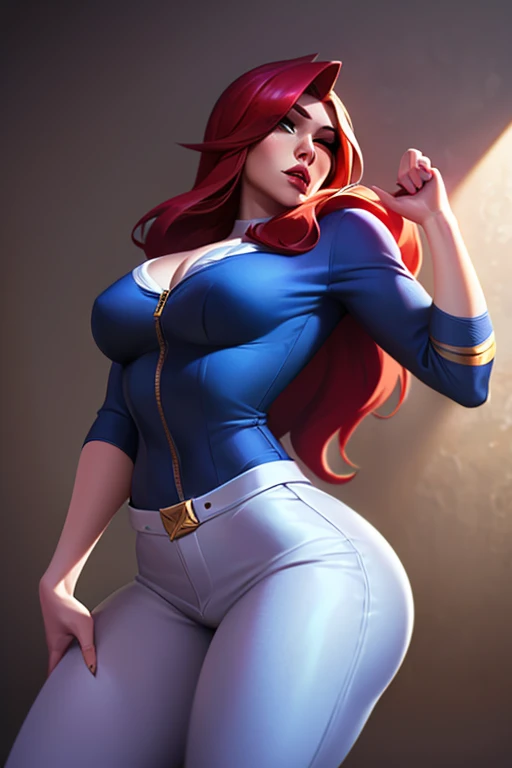(masterpiece, best quality:1.2), solo, blue eyes, breasts, cleavage, white T-shirt , denim jeans, large breasts, lips, long hair, navel, nose, open jeans, panties, photo\(medium\), red hair, realistic, hand on neck, running, screaming for help