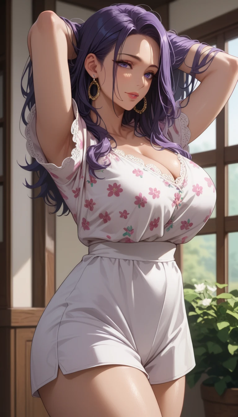 ((((masterpiece, best quality, high resolution)))), (1girl:1.5), ((long silky hair, purple hair, purple eyes, earrings)), (big breasts:1.2), blush, (smile, parted lips), glow, thighs, bare shoulders, collarbone, narrow waist, (slender body figure), (beautiful detailed face, beautiful detailed eyes), ((white shirt, thin material, black skirts)), looking at viewer, (cowboy shot), office