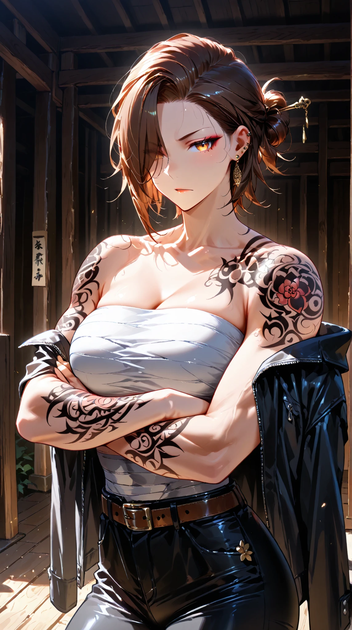 Realistic, High resolution, Soft Light,1 Female, alone, Hip Up, (Detailed face), we \(one piece\), tattoo, jewelry,kochou shinobu,Multicolored Hair,No bangs,Hair Intake,Purple eyes,amount,Black Shirt,Black trousers,Haori,butterfly,button,belt, knife, ((torn clothing:1.5)), ((Voluptuous body)), ((Expressions of pain)),