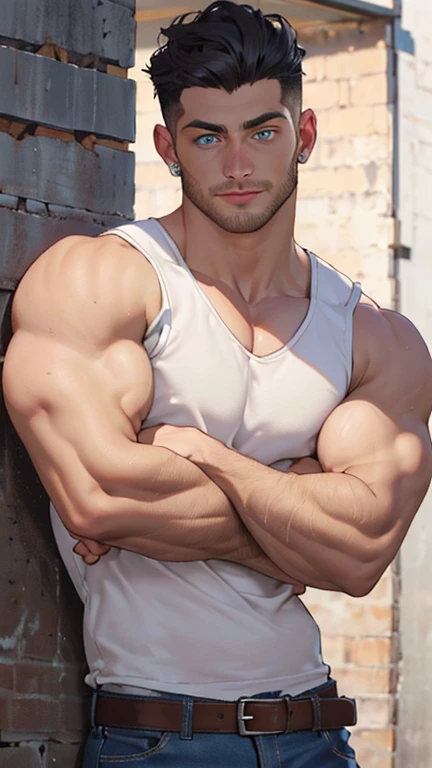 ((the best quality)), ((Masterpiece)), (details), perfect face, high definition, Masterpiece,4k,details clearly, Handsome face, white skin, perfect body, male body, strong muscles, abdomen, blue eyes, white skin, The most handsome man in the world, handsome, The coolest face, Male characters, close image (1man, shirtless), young man, mischievous smile, Extremely muscular tall man, open your eyes ((detailed eyes)), huge, muscular body and Massive, bulging pecs, muscular abs, narrow waist, short hair, blue eyes, delicate big eyes, carefree expression, Clear face, handsome (detailed face, perfect face) ((extremely realistic shadows, bodybuilding posture, human, ((22-year-old young man)), V shape, athletic pants, athletic, Shirtless, hairstyle, Sunlight, Street wall, lower pants