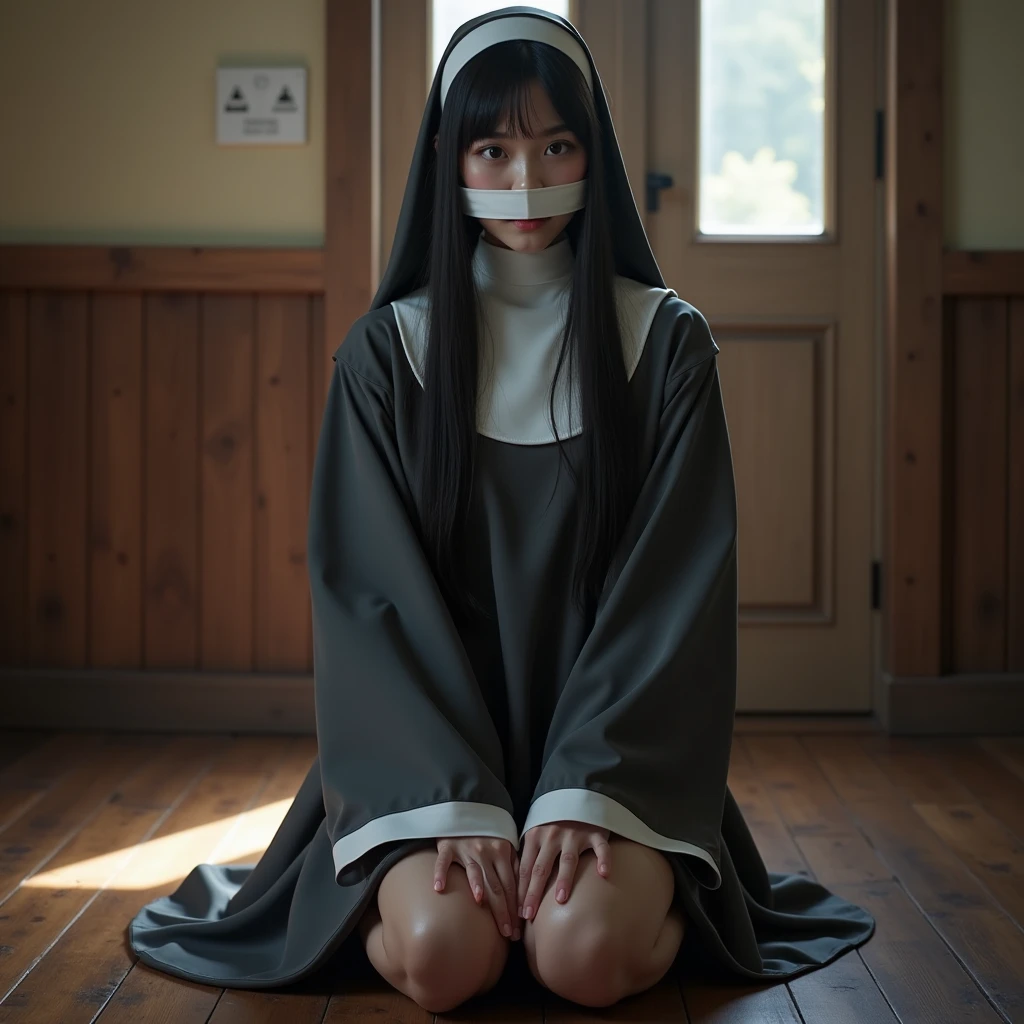 Busty priest praying in a creepy abandoned house, giga_busty