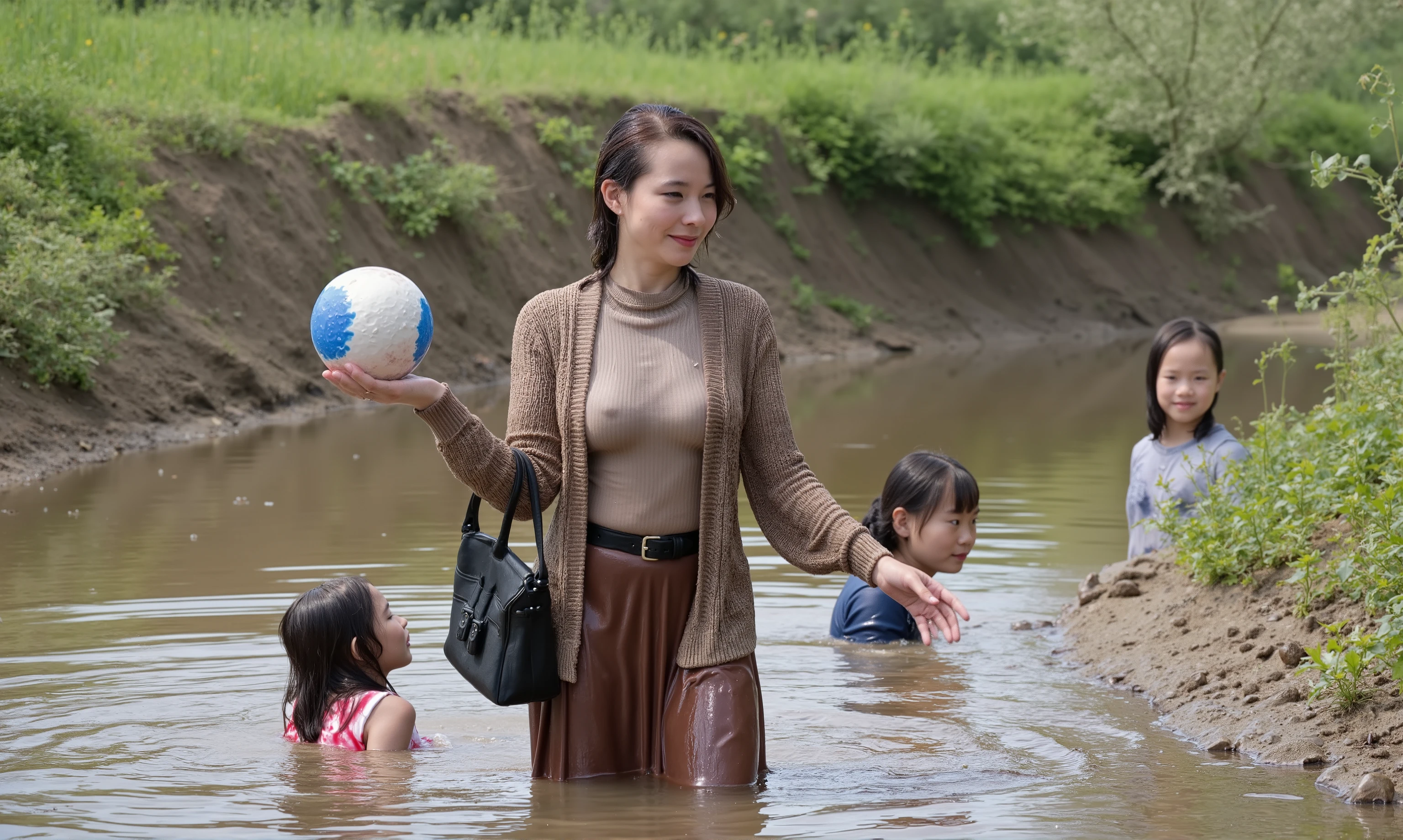 Professional photographic shot of a buxom Japanese lady wearing detailed soaking wet clothes. She has massive , black wet hair and is soaking wet in a thin light brown shape-wear turtleneck open dark brown cardigan, black belt, black handbag and a long dark brown skirt that is floating on the water. she is playing with a ball in a dirty sewer with her three Japanese daughters