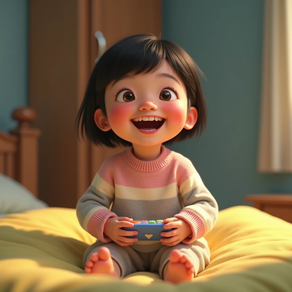 Photo of an emotion from Pixar's Inside Out, One , com feiticeira segurando One estátua na mão com os cabelos olhos castanhos e os olhos puxados notícias rosas vestindo um vestido lilás com avental Rosa