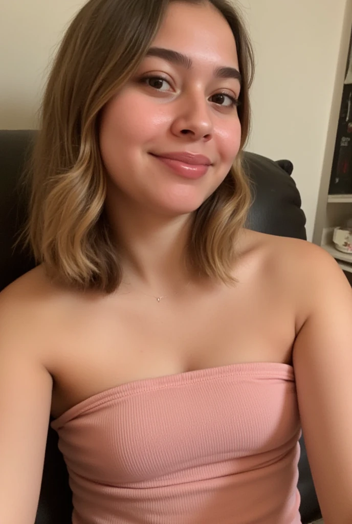 ((Big nude teen breasts)) breasts slipping out of top, perfect bust, open shirt, (busty breasts) cleavage, shadows, full frontal nudity, sexy, detailed pale nipples, shaved pussy front view, freckled nipples, naturally hanging breasts, big naturals